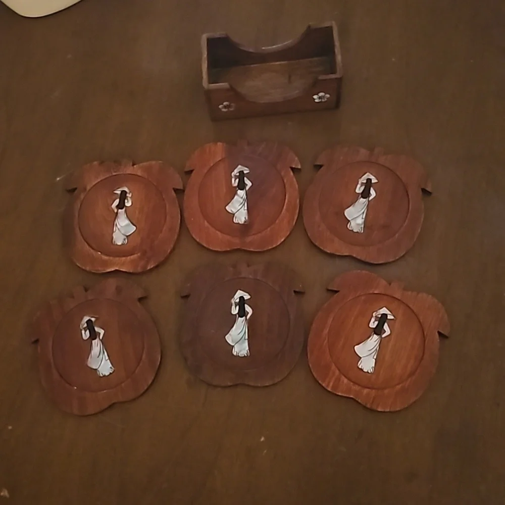 Vintage 1960s Set of Six Mother of Pearl Japanese Lady Floral Coaster Set